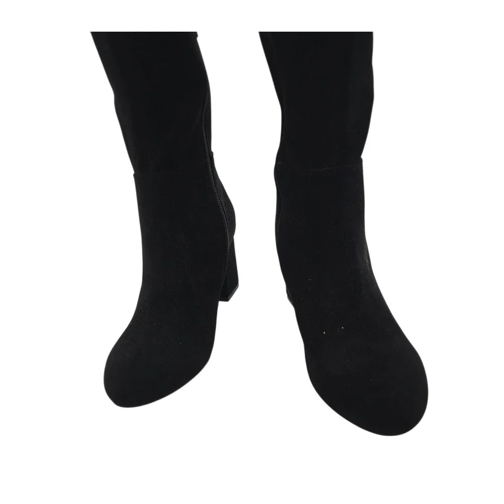 ShoeDazzle Nevaeh Black Over Knee Boots Gold Zip Modern Fall Chic 6 Retro‎ Mod